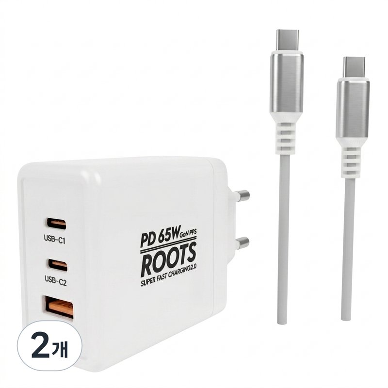 루츠 국내생산 초고속 멀티 충전기 C타입 3포트 PD 65W PPS + C to C 100W 5A E Marker 1.5M 케이블포함, 화이트, 2개
